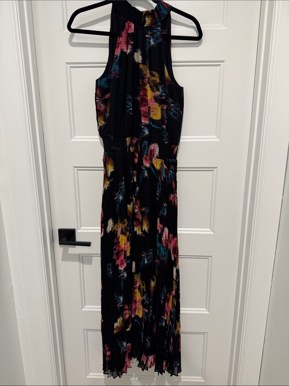 Black Floral Halter Maxi Dress with Pink and Yellow Accents